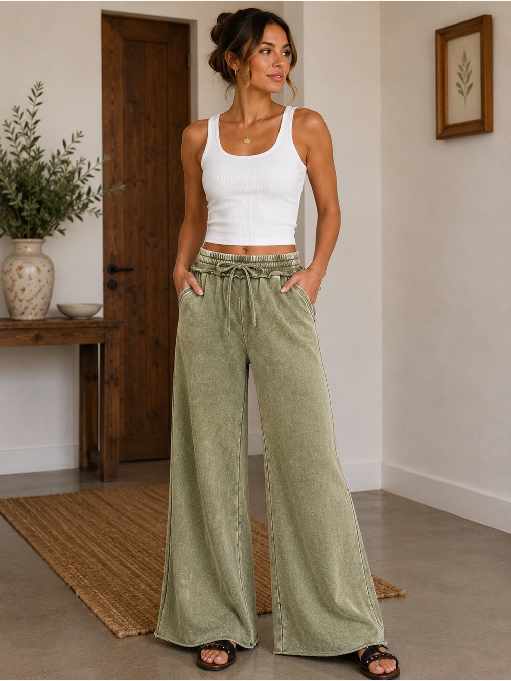 877. Women’s Olive Acid Wash Fleece Wide-Leg Palazzo Pocketed Sweatpants NEW